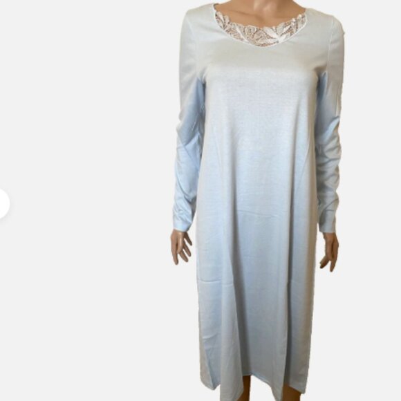 NWT HANRO Zelda Long Sleeve Nightgown Glacier Ice Blue Cotton XS Retail $228.00 - Picture 1 of 6